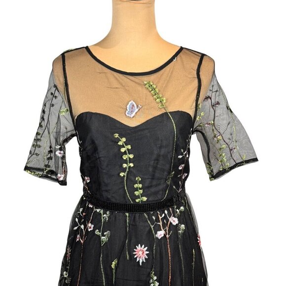 NWT JJ'S HOUSE Floral Midi  Dress Sz.S Black Mesh Embroidered Fit & Flare Event - Picture 2 of 10